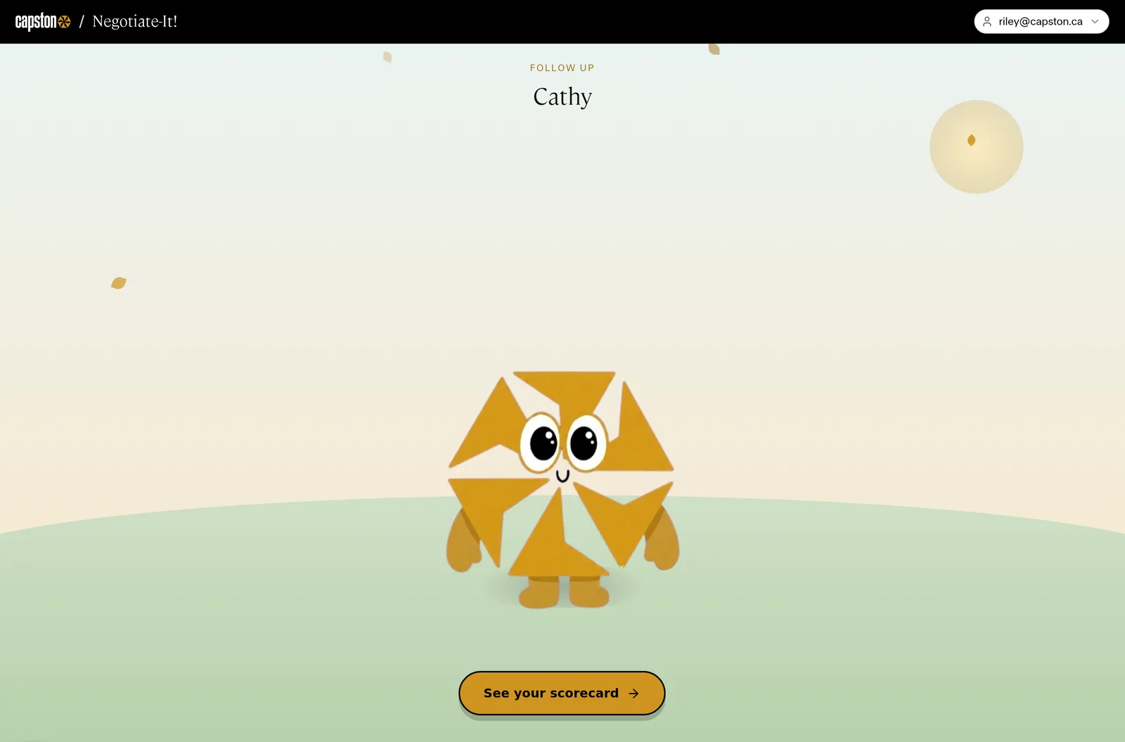 The follow-up moment after a call: Cathy, a friendly character based on Capston's logo, on a green field, with a button to see your scorecard