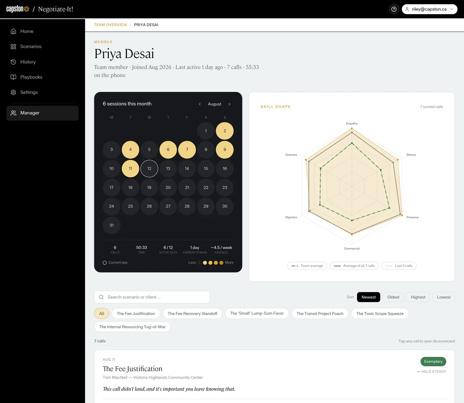 A member drilldown: a personal calendar, a skill shape radar against the team average, and a call list with verdicts and trend markers like Improving and Held steady