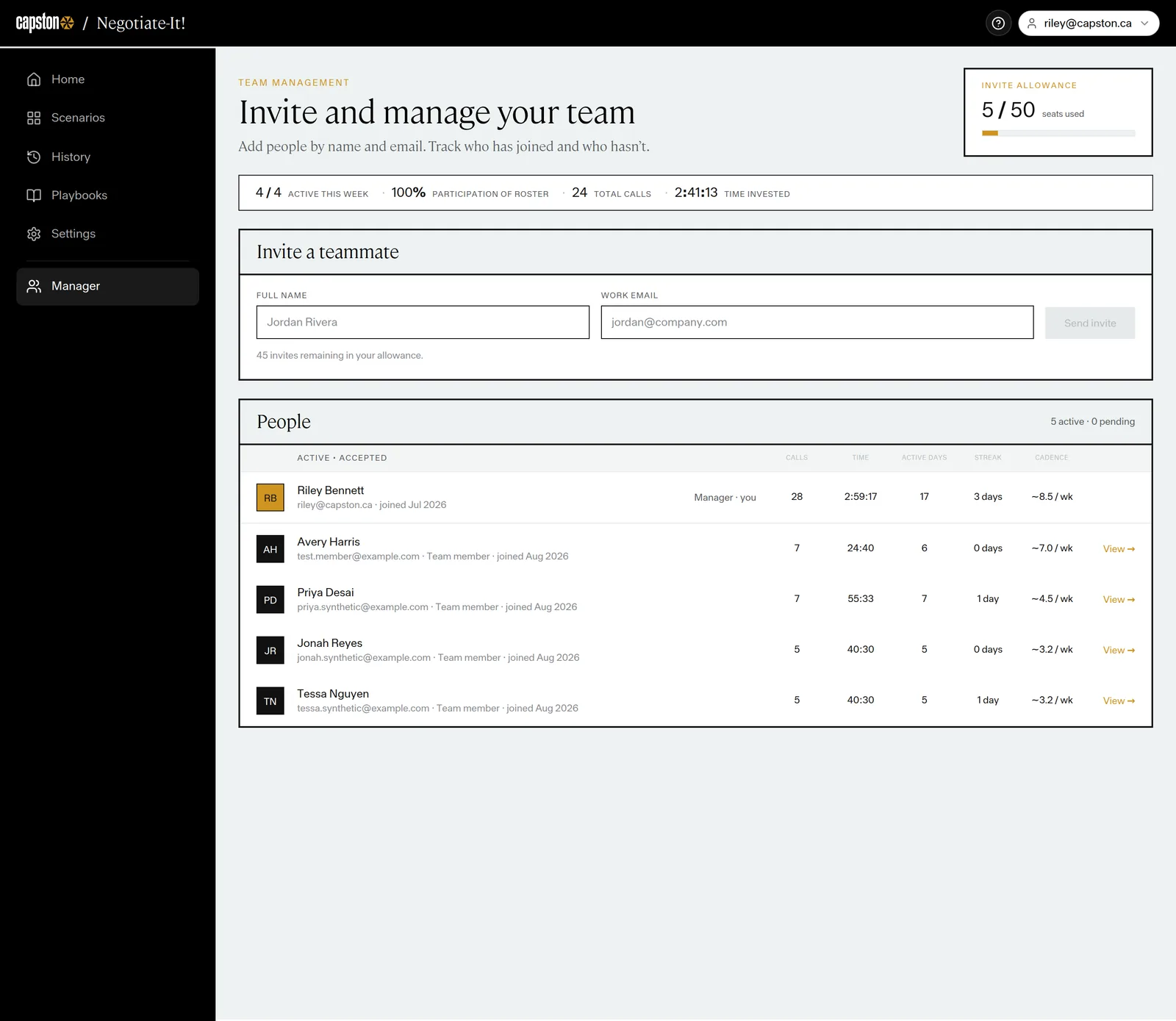 The manager dashboard: an invite form against a 50-seat allowance and a people table tracking calls, time, active days, streaks and cadence for five members