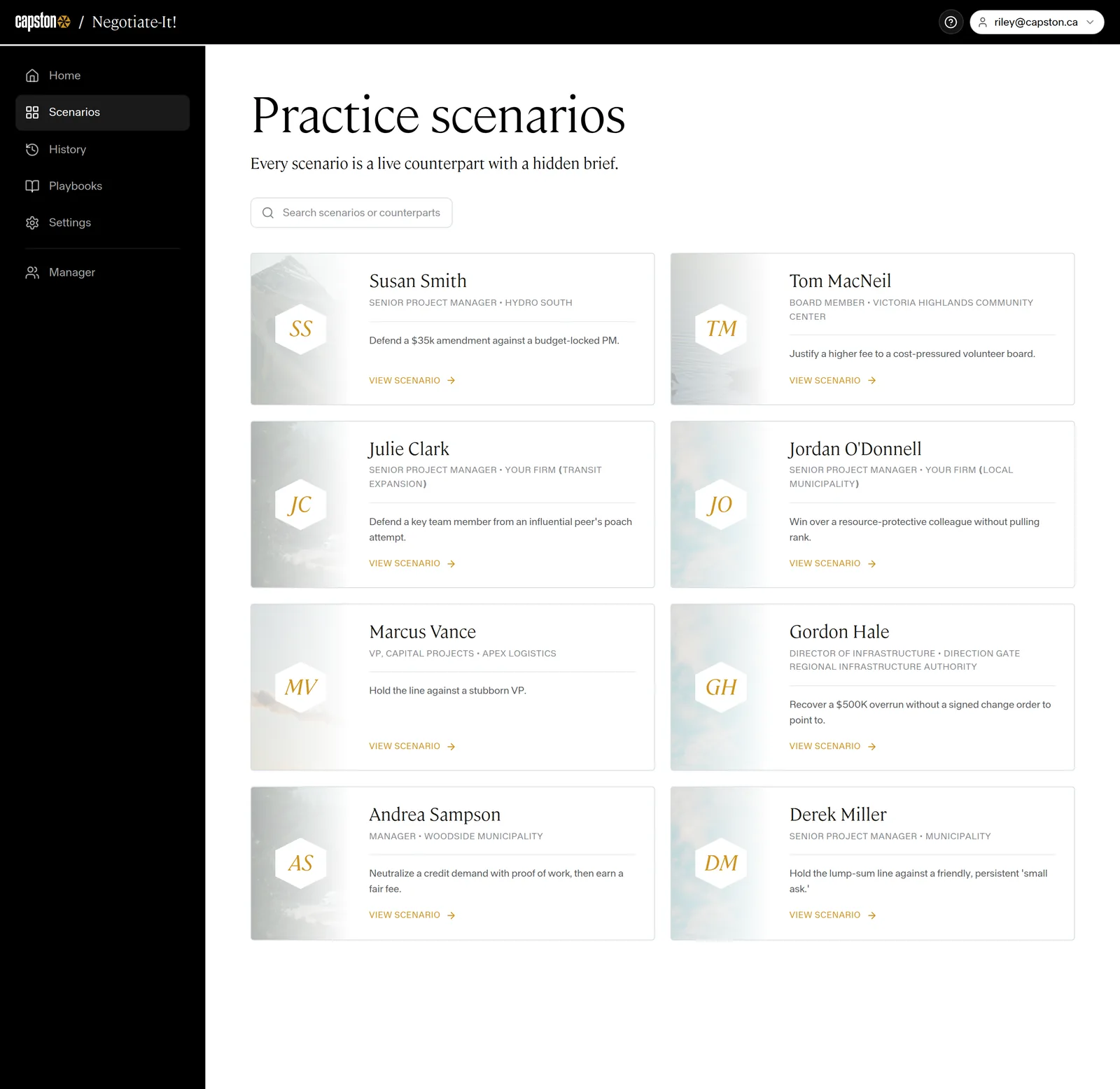 The platform scenarios library: six scenarios are shown in a card format, including Susan Smith, Tom MacNeil, Gordon Hale and Marcus Vance, each with their description.